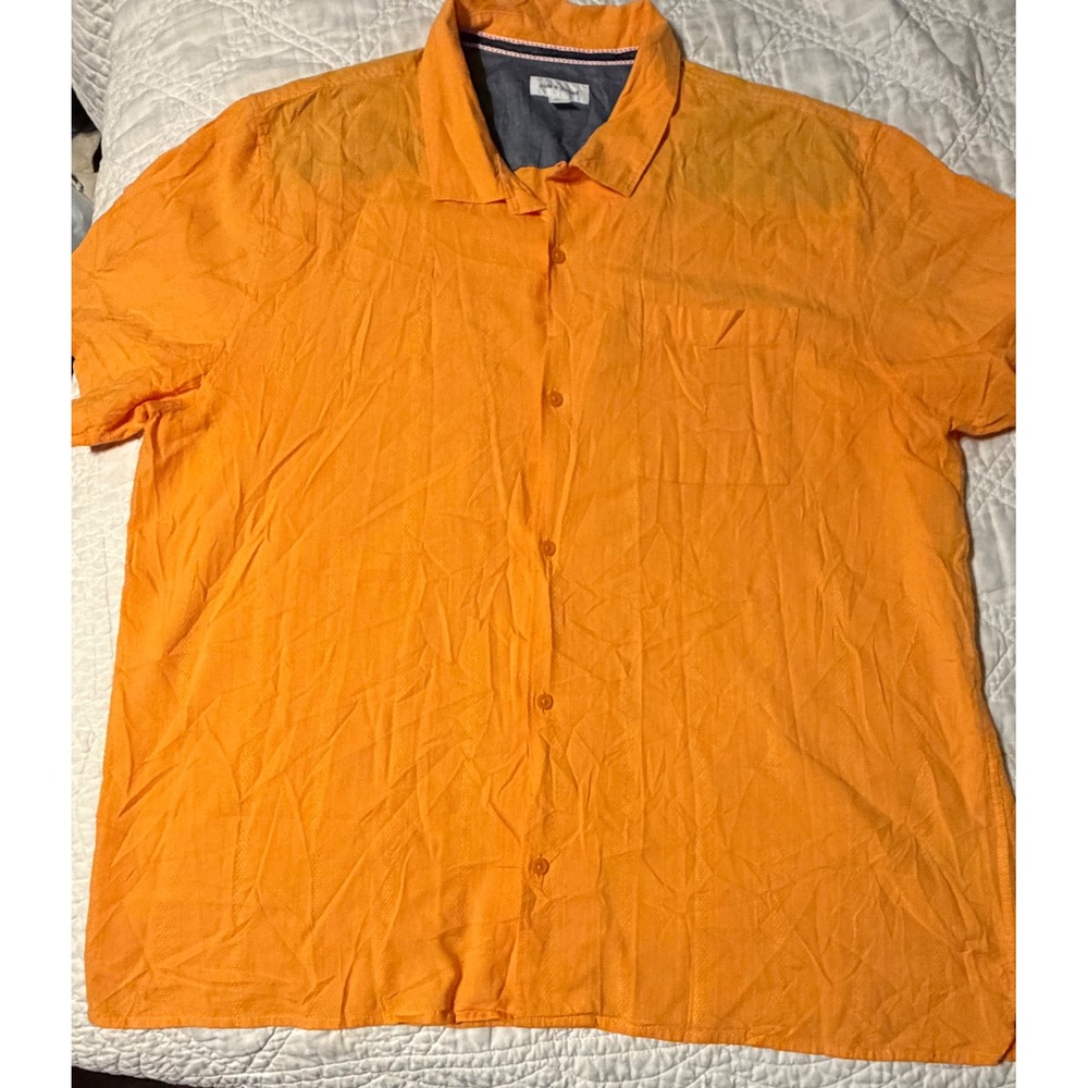 Sun Stone Button Up Shirt Mens XXL Orange Short Sleeve Dobby Stripe Rayon
